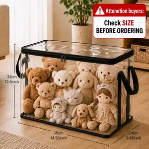 Filled Animal Storage PVC Organizer Bag, Doll Storage Container Dustproof Box with Handles, Suitable for Game Room, Living Room, Baby Nursery Supplies, Black