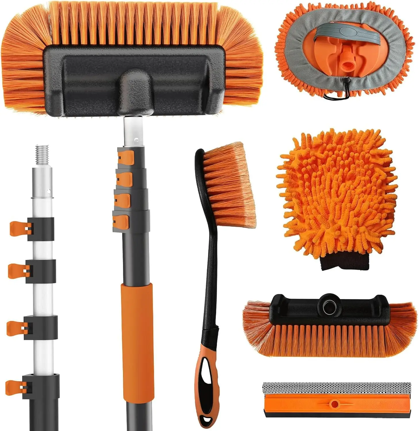 Buyplus 18FT Reach Car Wash Brush with Long Handle - Car Cleaning Kit with 3-12FT Extension Pole, Wheel Brush, Microfiber Cleaning Mop, Mitt, Window Squeegee for RV Truck SUV Boat Solar Pane Washing