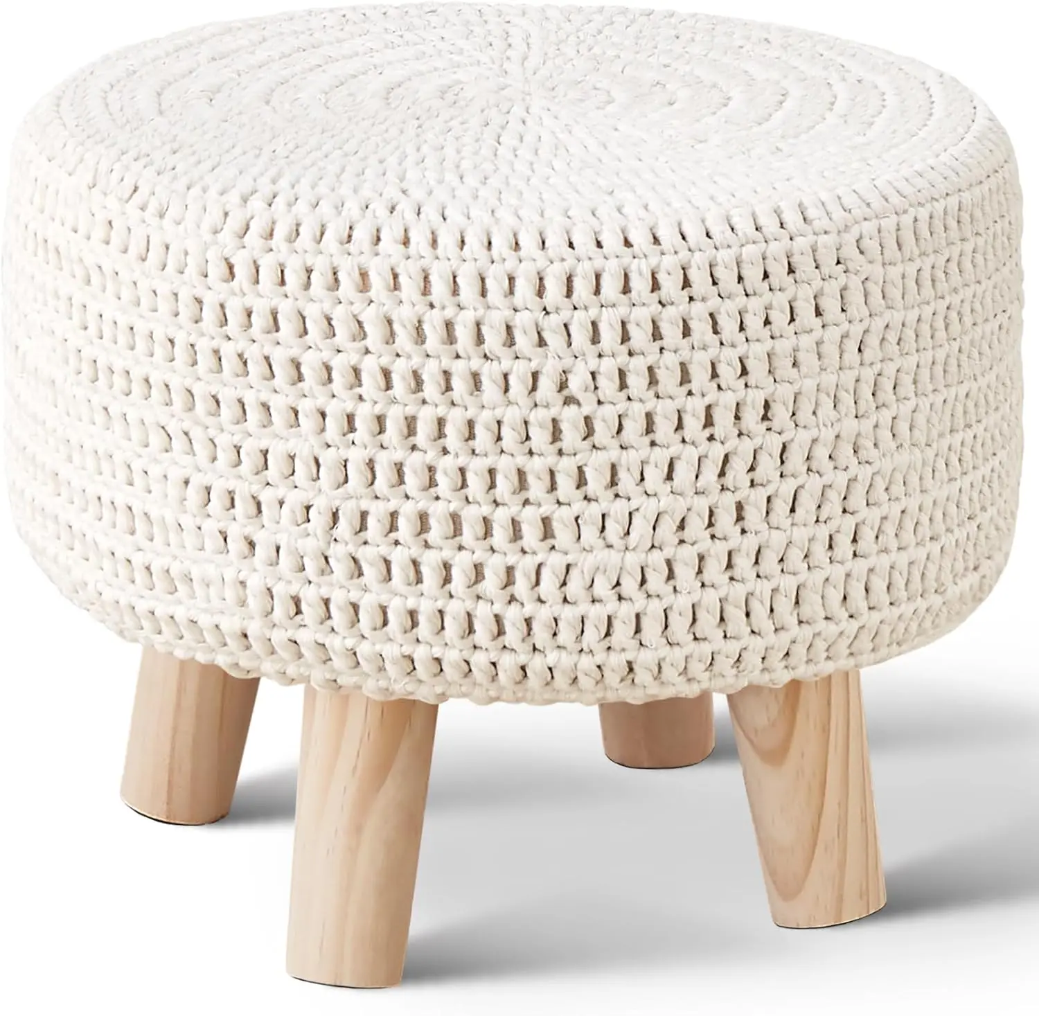 Cotton Knitted Boho Pouf Ottoman - Round, Non-Skid, Rustic Decor, Lightweight 1-Size Indoor Stool Footstool for Living Room, Study, Library, Patio (Beige, Yellow, Cream)
