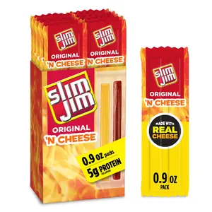 Slim Jim Beef 'N Cheese Smoked Meat Sticks, Original Flavor, 5g Protein Per Serving, Snack Size, Camping Snack, 0.9 oz. (10 Count)