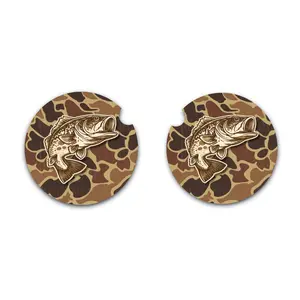 Bass Fishing Car Cup Holder Coasters, Brown Duck Camo Design, Soft Neoprene, 2.75 Inch, Set of 2