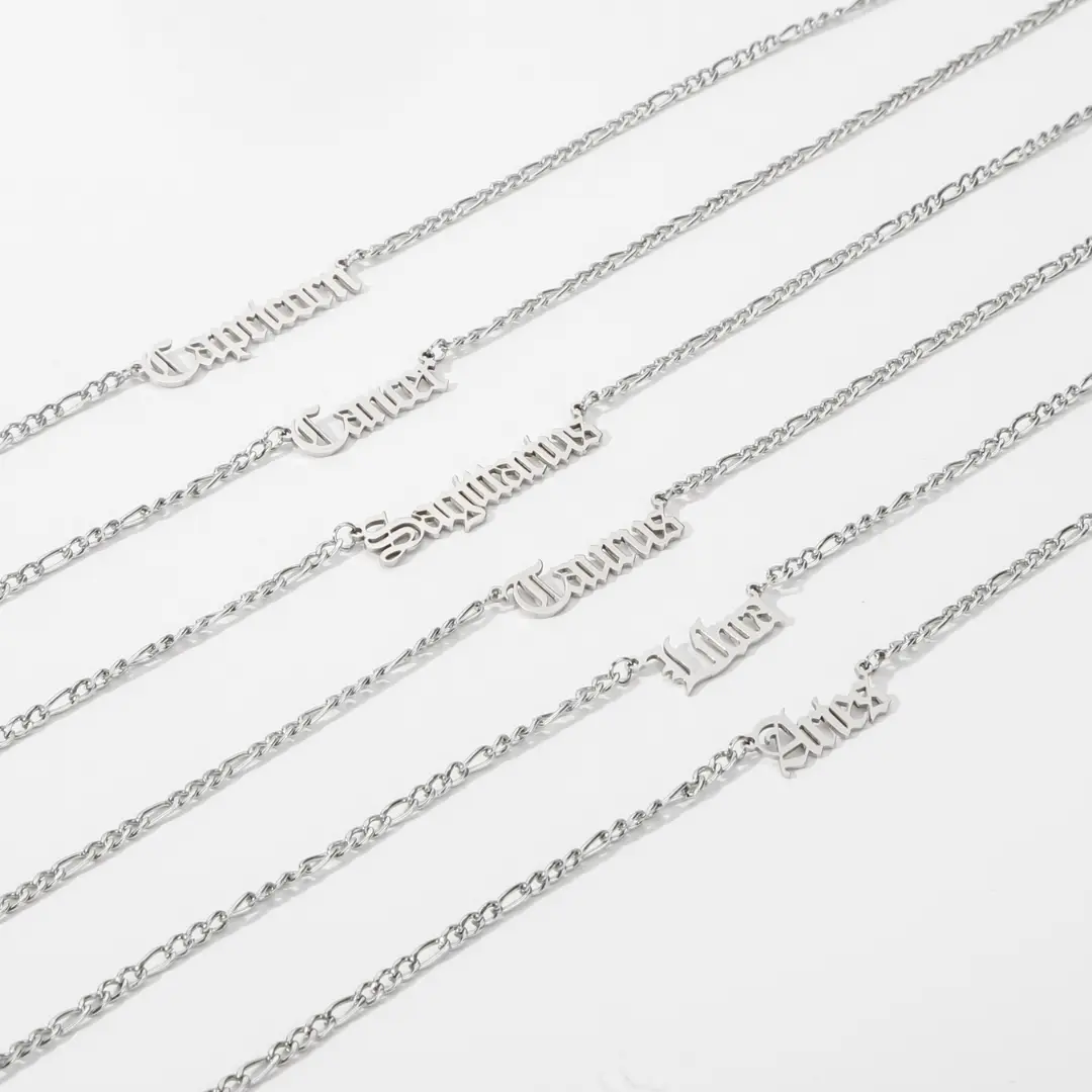 FIMENESS Constellation Necklace Figaro Chain Stainless Steel 2 Inch Extender Non-Tarnish Zodiac Signs Collection - Silver Finish