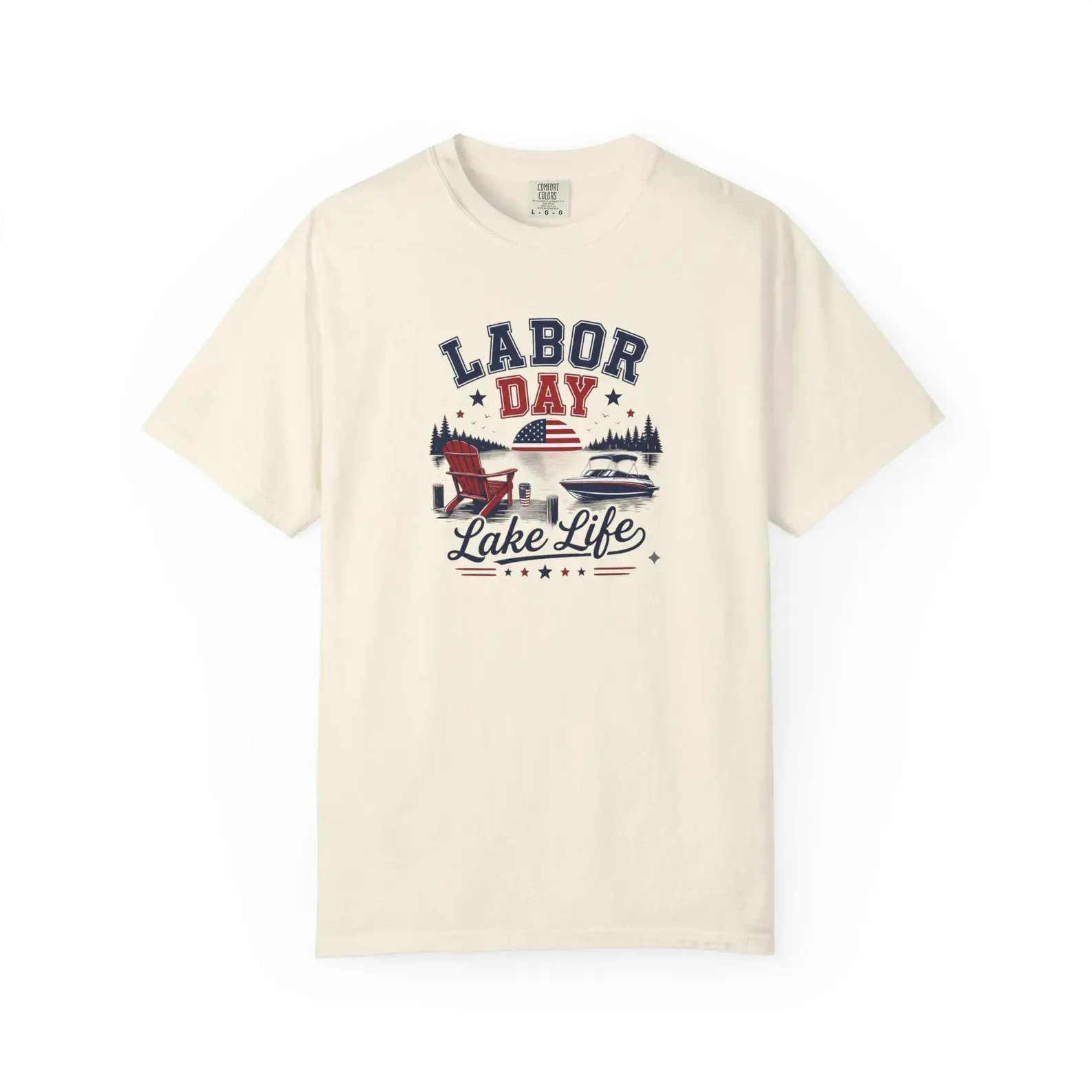 Men's Short-Sleeve Lake Life T-Shirt - Patriotic Lakehouse Menswear Top, American Flag Boat Graphic Garment, Labor Day Vacation Fabric Tee, Tops, Shortsleeve, Round Neck