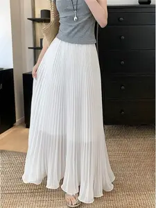 Chiffon Pleated Midi Skirt, High Waist A-Line Summer Dress, Slimming Effect, Casual Style, Women's Fashion, New Arrival