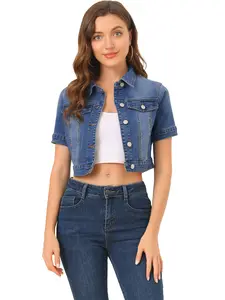 INSPIRE CHIC Casual Jacket Short Sleeves Crop Jean Denim Jacket INSPIRE CHIC Casual Jacket Short Sleeves Crop Jean Denim Jacket