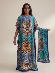 Fashionable Elegant Leopard Print Robe with Shawl and Long Scarf Headband, Beach Sunshade Satin Wrap Dress Beach Cover Ups for All Seasons