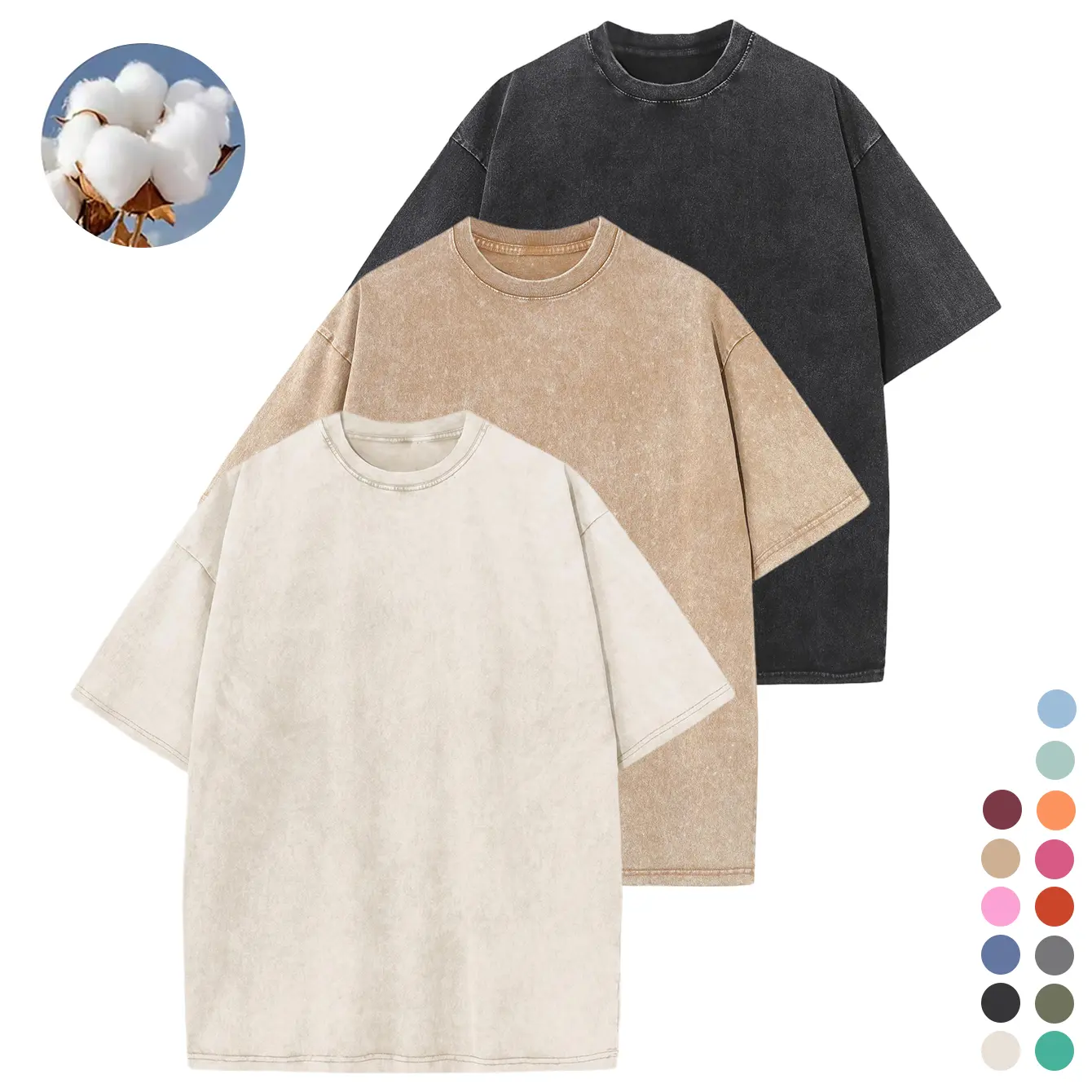 Women’s heavyweight vintage washed cotton T-shirt, loose fit, thick drop-shoulder design; simple crew neck short sleeves, casual, comfortable, breathable basic style, unisex.