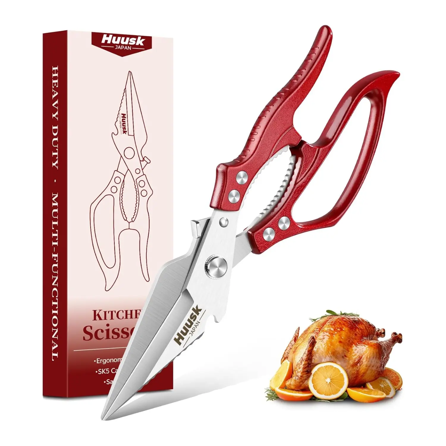Huusk Kitchen Scissors Heavy Duty – All Purpose Japanese Kitchen Shears for Chicken, Meat, Fish, Vegetables & Pizza, Poultry Shears with Ergonomic Non-Slip Silver Handle, Gifts for Women Men