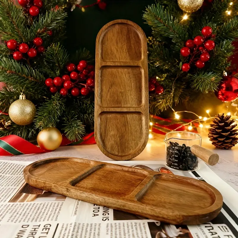 2pcs Wooden Trays with Compartment Design, Snack Storage Box, Party Hostess, Holiday Decor, Perfect for Tea Parties, Breakfast, Cake, Rustic Aesthetic