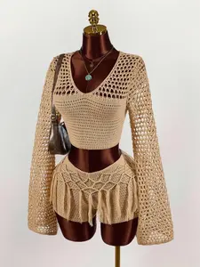 Amplova Women's Solid Color V-Neck Long Sleeve Hollow-Out Cropped Sweater And Fringed Knit Shorts 2 Pieces Set Beige Two Piece Set Mesh Two Piece Set