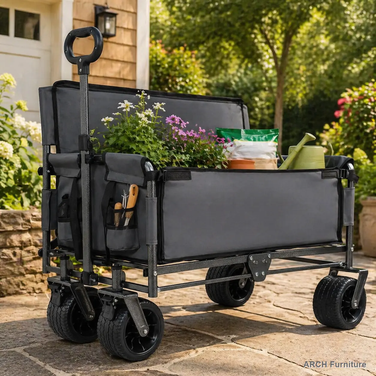 ARCH 3-in-1 Convertible Collapsible Wagon Cart - Heavy-Duty Folding Trolley with Seat, Storage, 500lbs Capacity, 180L Volume, All-Terrain Wheels for Camping, Garden, Gray Outdoor Furniture