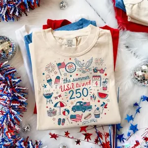 Comfort Colors USA 250 Shirt, America 250 Years Tee, Patriotic Summer Doodle Shirt, 4th of July T-Shirt, Red White Blue Independence Day Tee