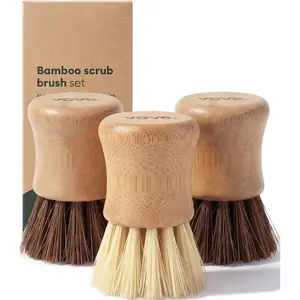 Dish Scrub Brush Set, 3-Pack Plastic-Free Kitchen Brushes for Dishes Pots and Cast Iron, FSC-Certified  with  Sisal and Union Fiber Bristles, 2 Hard and 1 Medium Brush