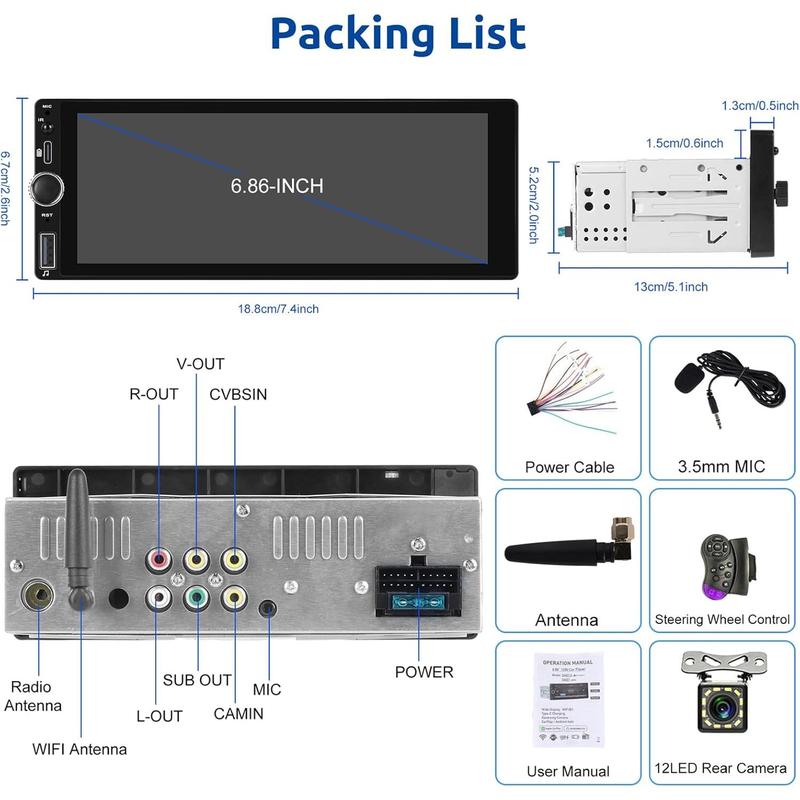 Single Din Car radio with Wireless CarPlay/Android Auto, Bluetooth Handsfree Car Radio 6.86 Inch IPS Touch Screen Single DIN MirrorLink FM/EQ/AUX/USB/SWC/Type-C with Camera MIC