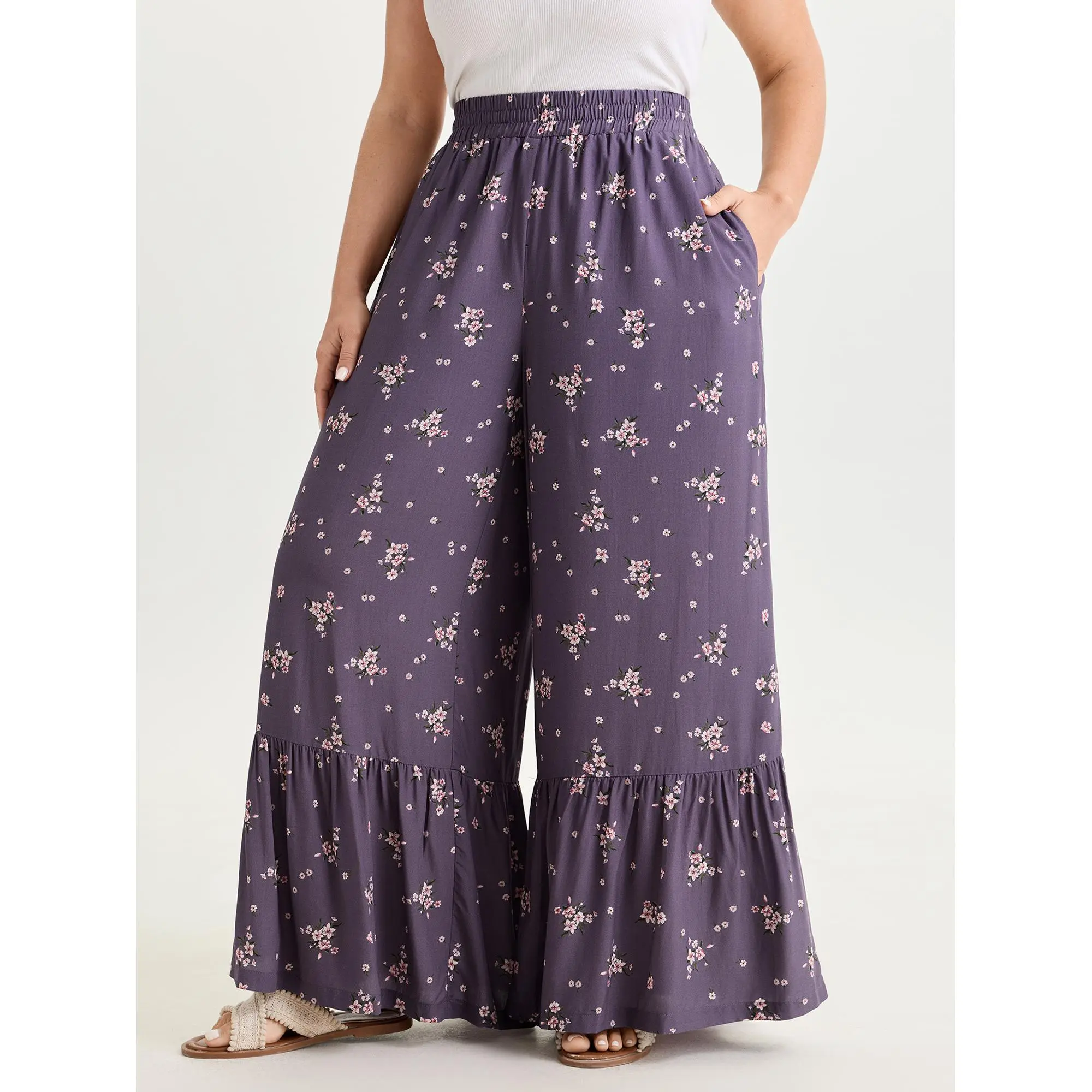 BloomChic Women's Plus Size Polyester-Rayon Pleated Flared Garment - Mid Rise, Smooth Fabric, Pockets, Casual Fit, Ditsy Floral Print, Curvy Style, Machine Washable Pants [M-6X] for Summer, Tiered Bottoms, Boho Design, Curves Done Right, Casual Leisure