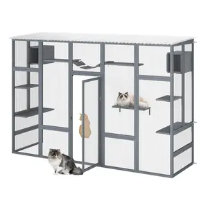 COZIWOW Outdoor Cat Catio with Window Access, Weatherproof PVC Roof, 7 Platforms, Scratching Post & 2 Cozy Houses for Up to 6 Cats