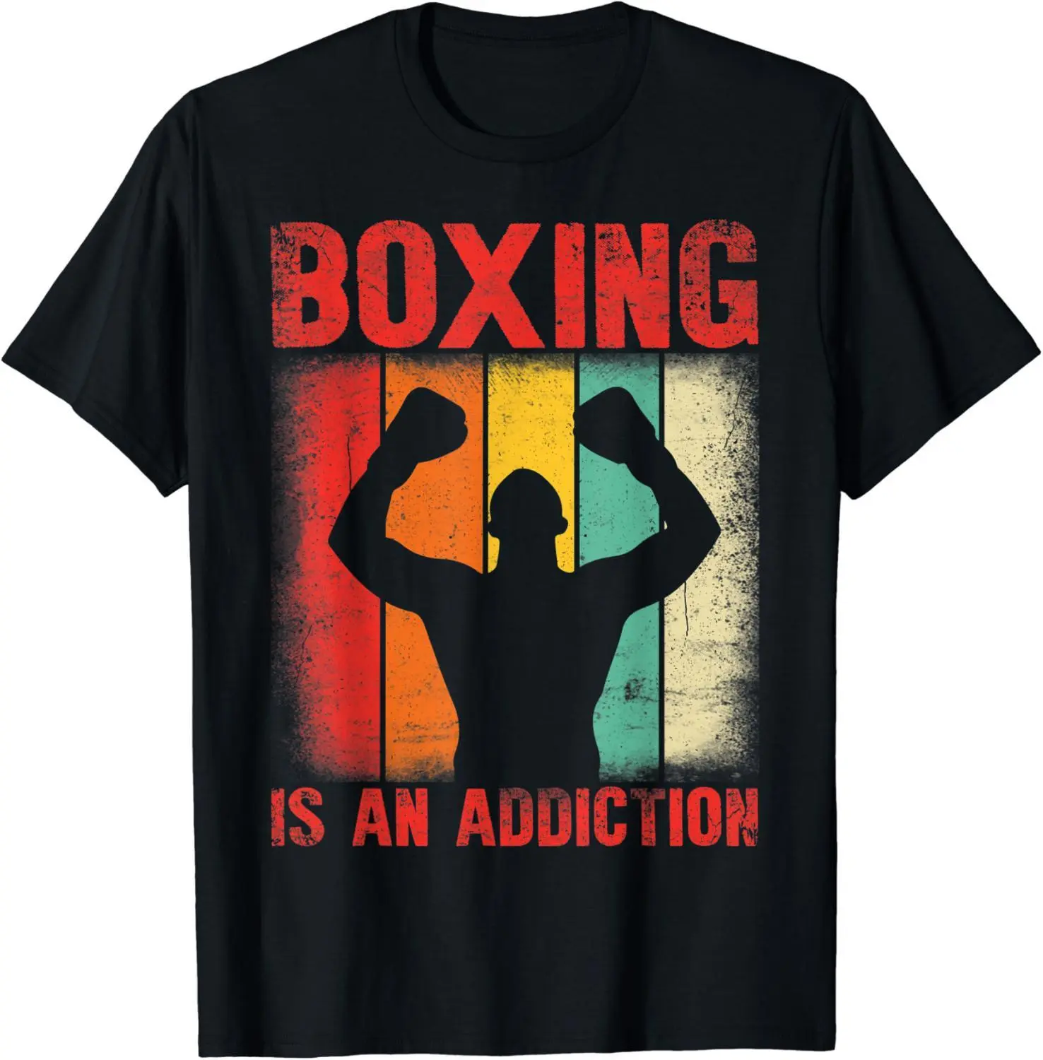 retro boxing apparel Boxing Is An Addiction Vintage Retro Striped Boxer Silhouette Cotton T-Shirt, Fashion Comfort Boxing Lover Workout Gym Outfit, Best Holiday Gift For Him Her Valentine Birthday Present Boxer Fighter Casual Streetwear Tee