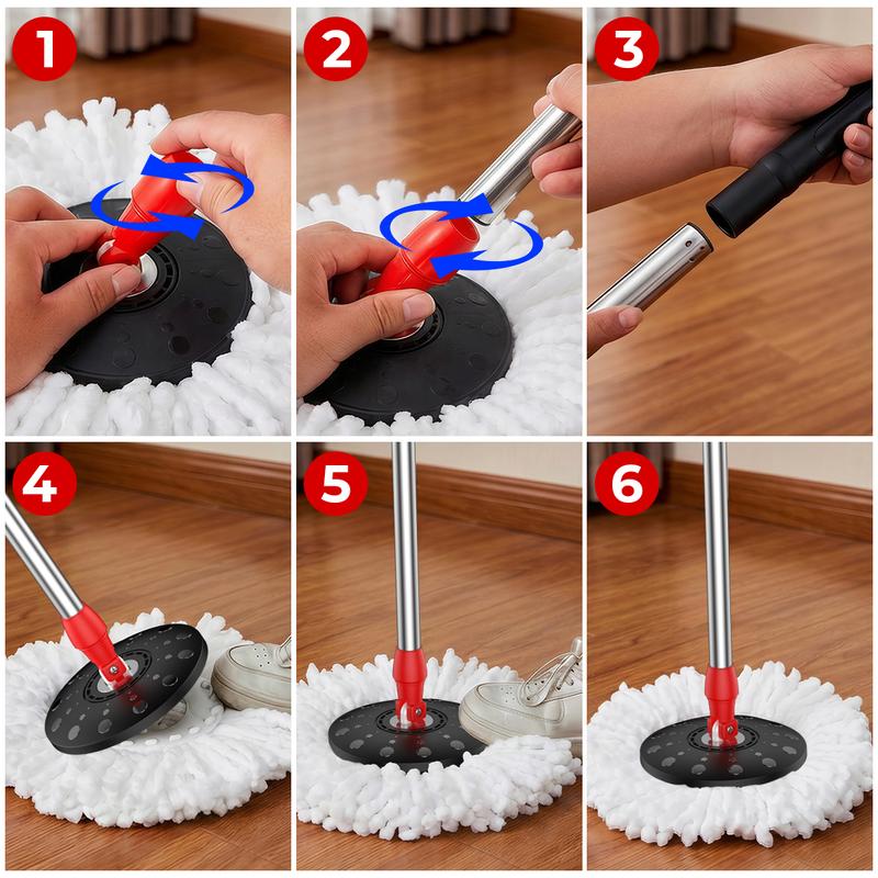 new Stainless steel rotating mop set, including 3 replacement mop heads and an extendable handle, for convenient cleaning, featuring a rotating design. Black and red two-tone mop bucket set. Rotating mop bucket set. commercial mop