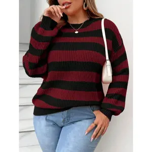 Plus Size Striped Colorblock Round Neck Knit Sweater, Casual Long Sleeve Drop Shoulder Jumper for Women, Fall & Winter Fashion Clothes