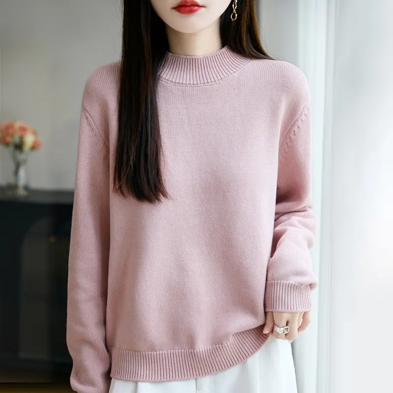 Women's 100% Pure Cotton Knitwear, Asian Basic Casual Round Neck Loose Pullover Top for Autumn-Winter, Clothes, Loose Length, Asian Sizing, Plain