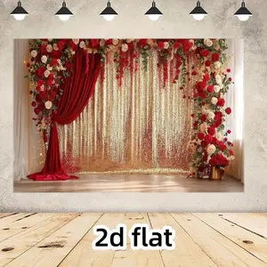 Rose & Glitter Curtain Backdrop, 1 Count Romantic Elegant Wedding Party Background, Wall Decoration for Birthday Anniversary Party, Banner, Wall Hanging Backdrop