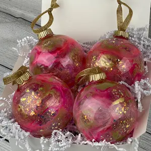 Pink and Gold Glitter Alcohol Ink Swirl Epoxy Ornaments, Set of 4 Plastic, 4”