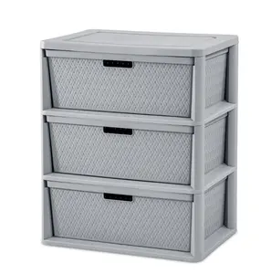 3 Drawer Wide Weave Tower Plastic Decor Drawers with Pull Handles Light Gray Storage Unit