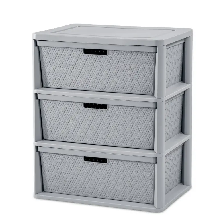 3 Drawer Wide Weave Tower Plastic Decor Drawers with Pull Handles Light Gray Storage Unit