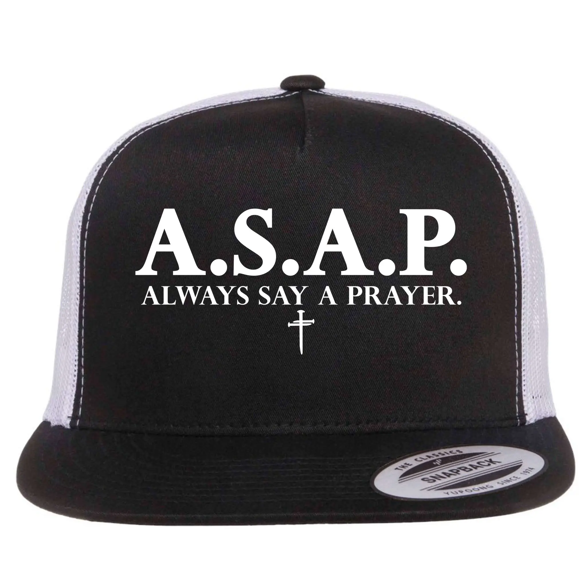 ASAP Always Say A Prayer 3 Nails Cross Jesus Christ Christian Catholic Flat Bill Trucker Hat Christian Apparel - Redeemed Collection