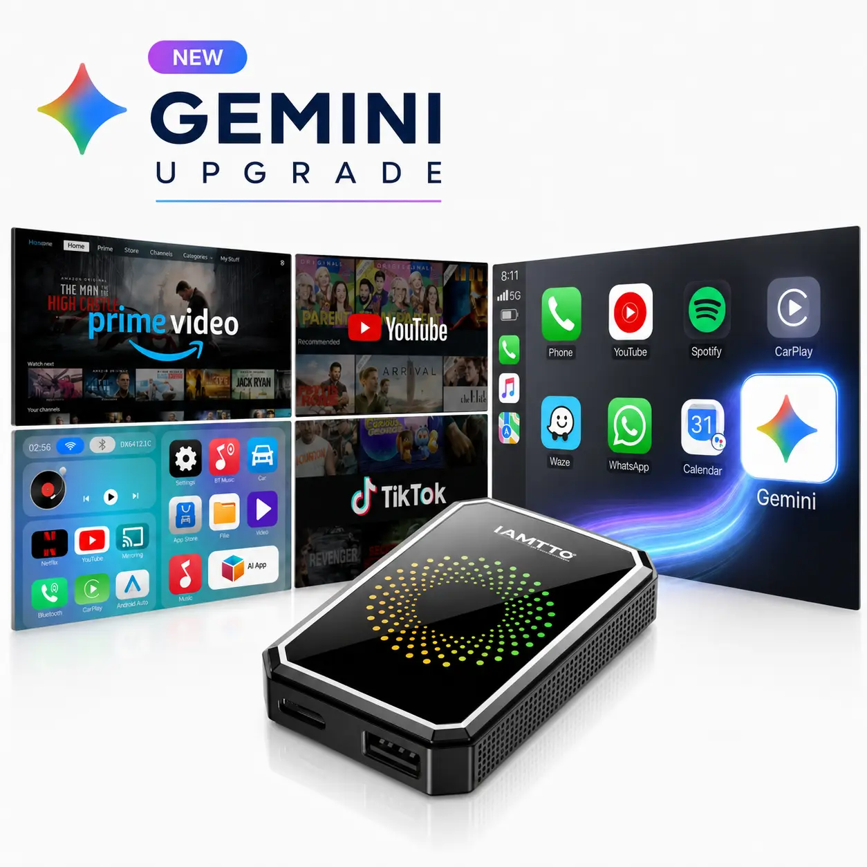 【Check Compatibility】LAMTTO 2026 Wired to Wireless CarPlay Adapter Supports Netflix/YouTube/TikTok &Gemini AI via Hotspot on Car TouchScreen , Not for Tesla/BMW or Wireless CarPlay, Auto Bluetooth –for Car Lovers CarPlay Dongle & Car Video Player