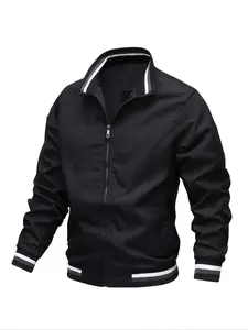 Men's Casual Baseball Jacket, Spring Solid Color Zipper Jacket, High Street Style, Couple Jacket Coat, Regular Fit, Long Sleeve