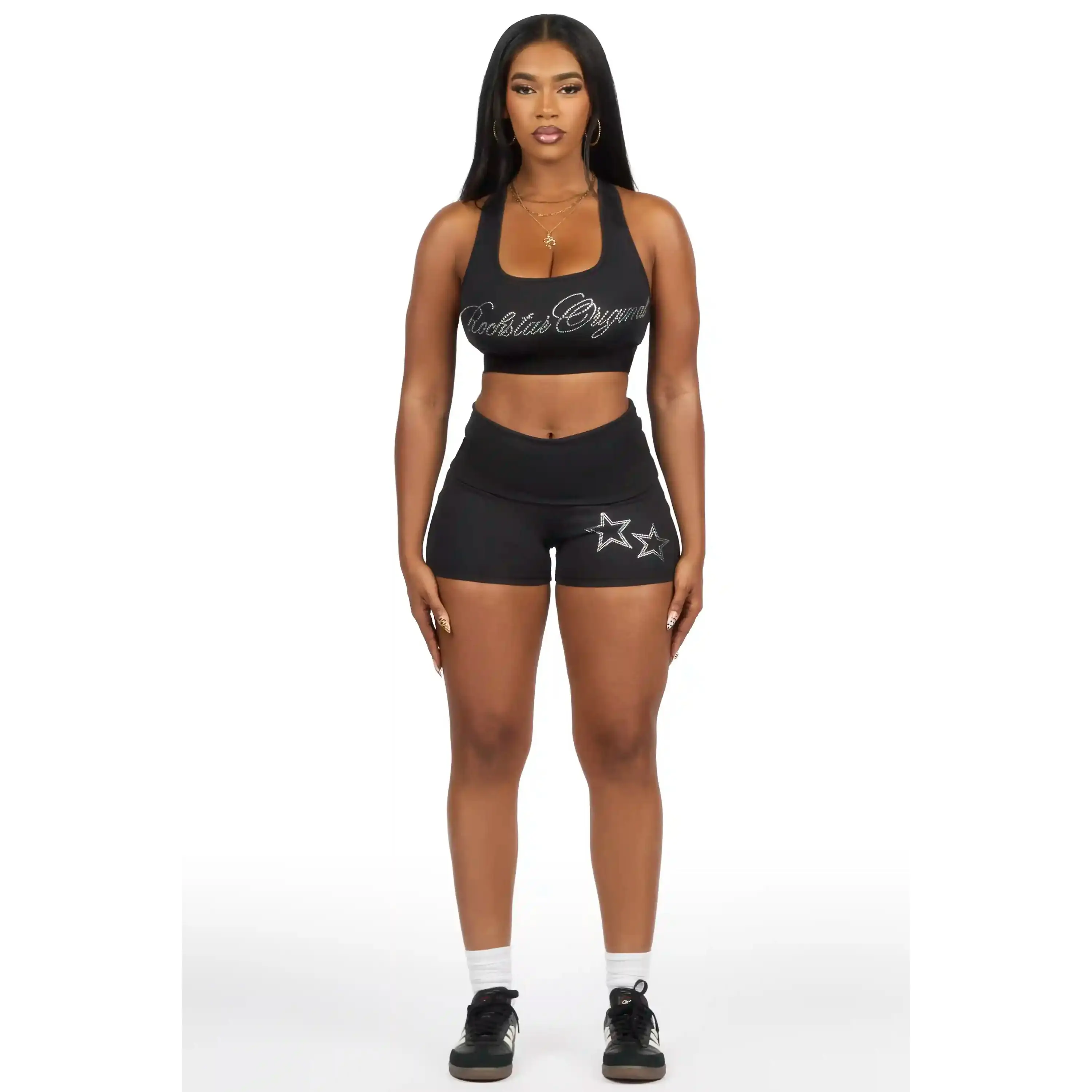 Arieona Black Rhinestone Sports Bra Foldover Short Set