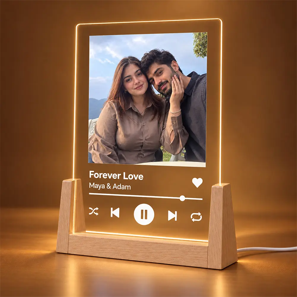 Personalized Transparent Acrylic LED Music Frame - Custom Photo Plaque with Light, Wood Home Decor, Couple Anniversary Gift