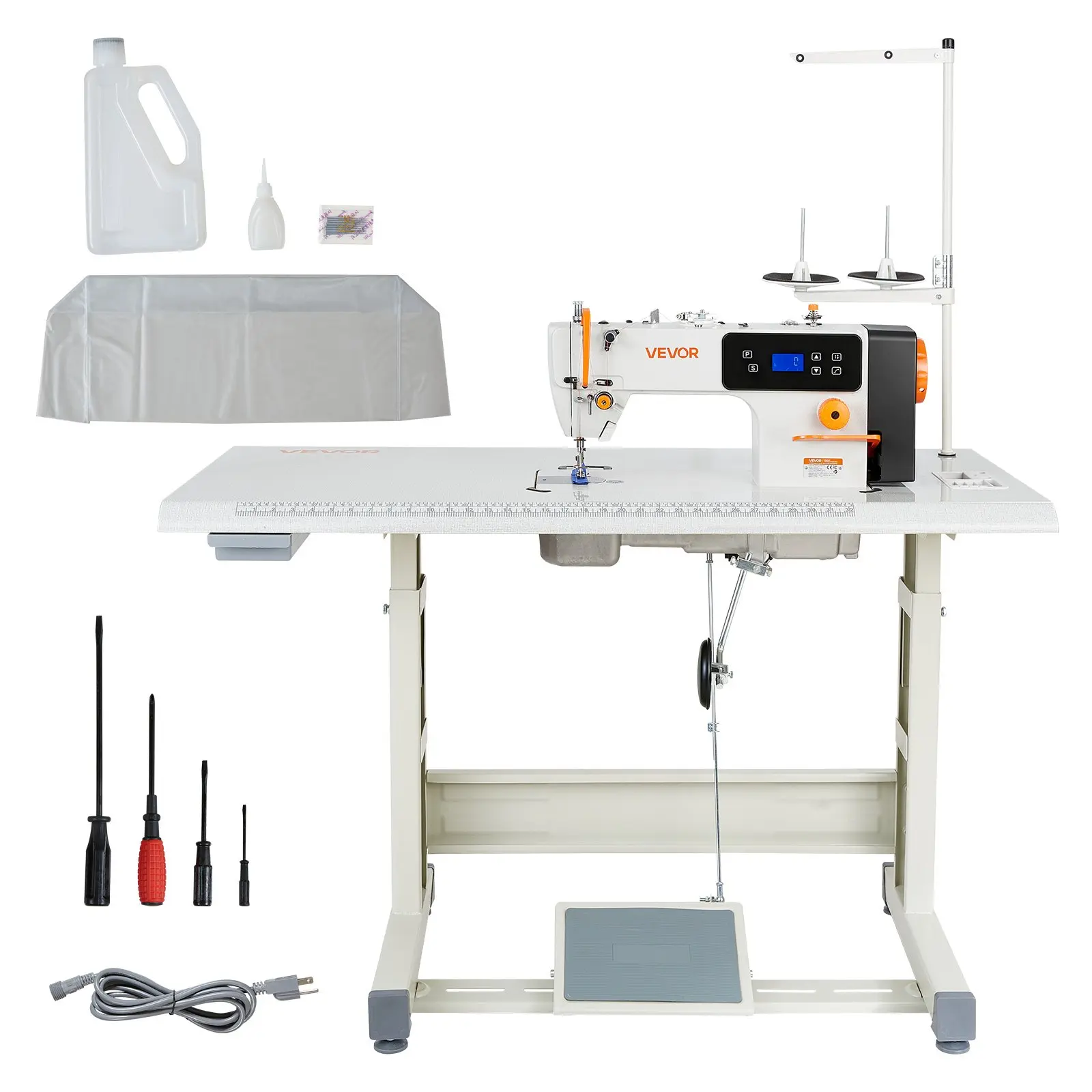 【Summerfinds】VEVOR Heavy-Duty Industrial Lockstitch Sewing Machine Set, 550W Servo Motor, Table Stand, 5000 SPM High-Speed, Metal Frame, LCD Panel, LED Light, Intelligent Control, 21.65 x 7.09 x 14.17 in, for Denim, Garments, Cotton, Tents
