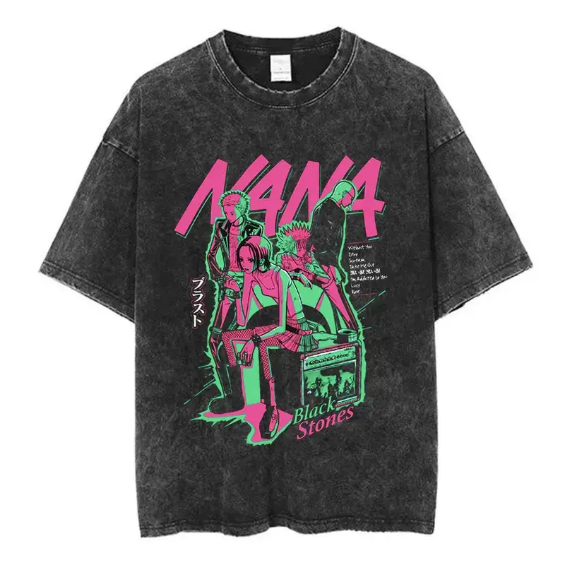 Menswear Japanese Anime Nana Osaki Printed Washed Comfy Soft Short-Sleeve Cotton Oversized Harajuku Streetwear T-Shirt, 2026 Summer New Casual Unisex Top, Shortsleeve