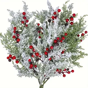 3pcs Artificial Cedar Branches with Berries, Realistic Snowy Winter Foliage, Bendable Wired Stems, Pre-Assembled Home Decoration