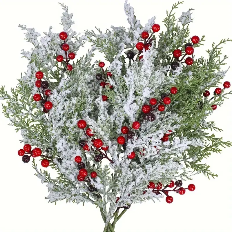 3pcs Artificial Cedar Branches with Berries, Realistic Snowy Winter Foliage, Bendable Wired Stems, Pre-Assembled Home Decoration