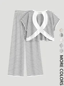 2-Piece Black & White Stripe Cross Back Crop Top & Wide Leg Pants Set - Soft Loungewear & Casual Outfit for Home and Daily Wear , Striped Cutout Top & Pants Matching Set - Ideal for Lounging, Casual Outings, and Brunch