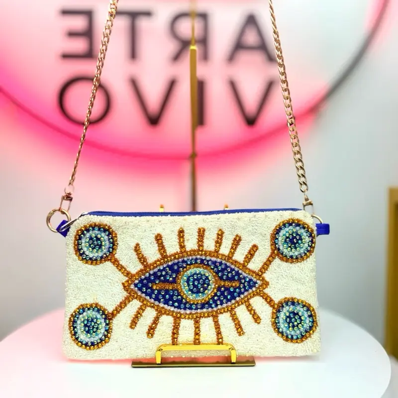 Luxury Handmade Beaded Crystal Crossbody Clutch Bag | Rhinestone Embellished Artisan Pouch Purse | Zipper Shoulder Bag