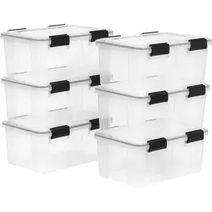 19 Quart Storage Boxes with Lids, 6 Pack, BPA Free Plastic Gasket Boxes with Tight Locks and Seals, Stackable Nesting Totes - Clear/Black Organiser