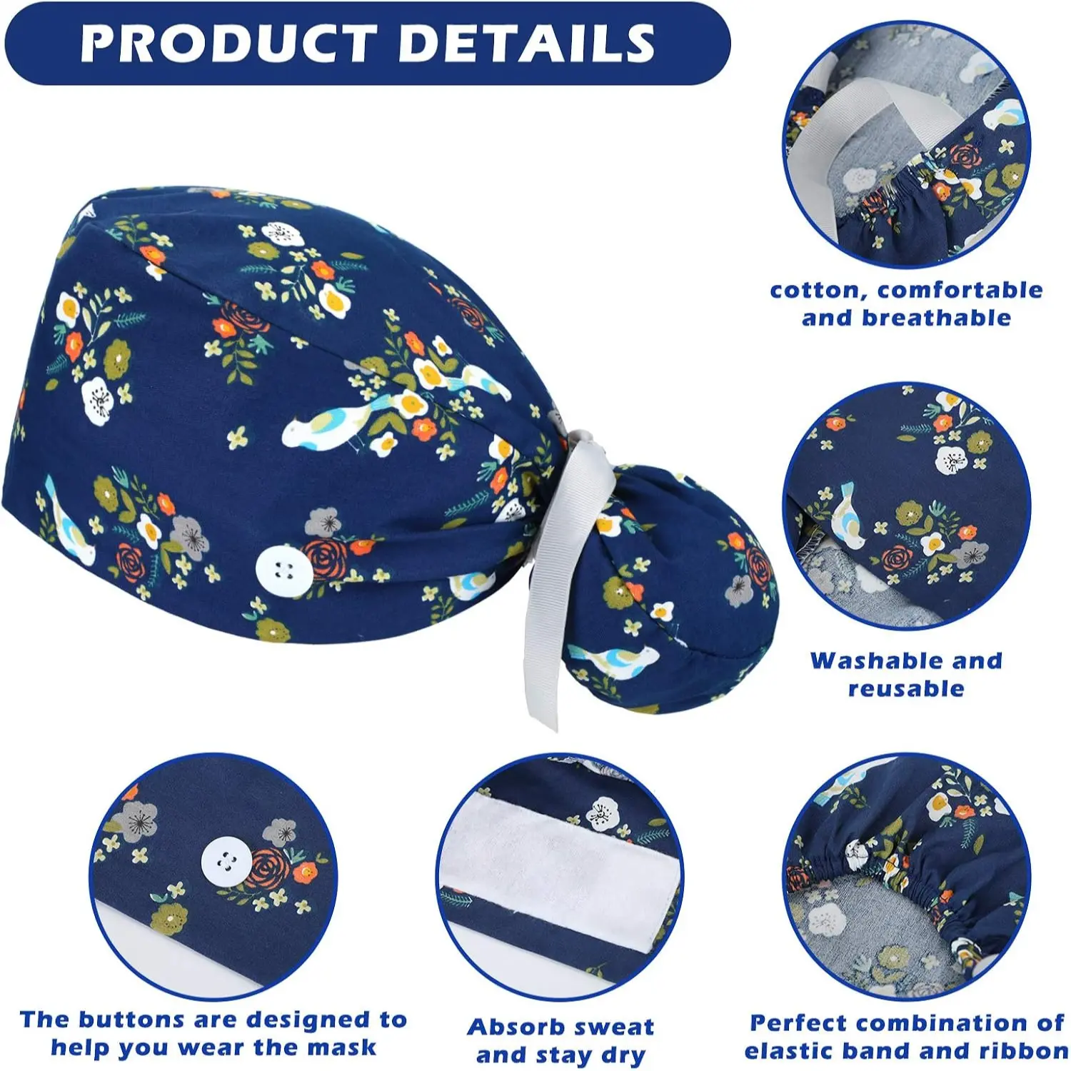 6 Pack Scrub Caps with Buttons Ponytail Holder Cotton Work Hats
