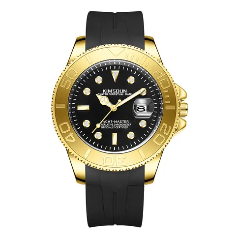 Luxury Men's Yacht Style Analog Wristwatch - Black & Gold Round Dial, Durable Silicone Strap, Luminescent Hands, Date Window, Chic Fashion Men's Casual Business Waterproof Watch, Casual Business Wristwatch