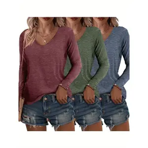 [3pcs Women's V-Neck T-Shirts] 3pcs Women's V-Neck Long Sleeve T-Shirts - Soft Stretchy Casual Tops in Olive Green, Dark Blue & Pink |   Regular Fit All-Season Layering Essentials |   Vneck Tshirt, Medium Elasticity, Ladies T Shirts, Long Sleeve Top/tshir