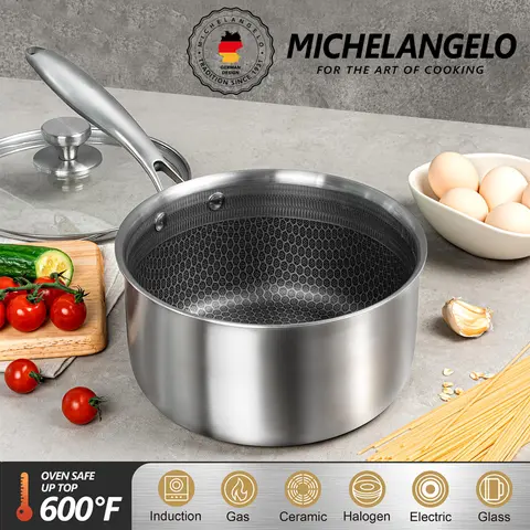 MICHELANGELO 3 Quart Saucepan with Lid, Premium Triple Ply Stainless Steel Sauce Pan with Honeycomb Interior, Induction Compatible Cookware Non Stick Coated Nonstick Durable Cooking