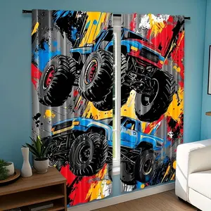 Monster Truck Pattern Curtains Set, Vibrant Blue & Polyester Rod Pocket Design, Bedroom Living Room Office Decor, Window Curtain