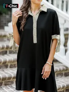 Hotapei Striped Trim Polo Neck Half Button Tie Short Sleeve Straight Mini Dress, Stylish Summer Fashion, Casual Chic Fitted, Women's Casual Wear