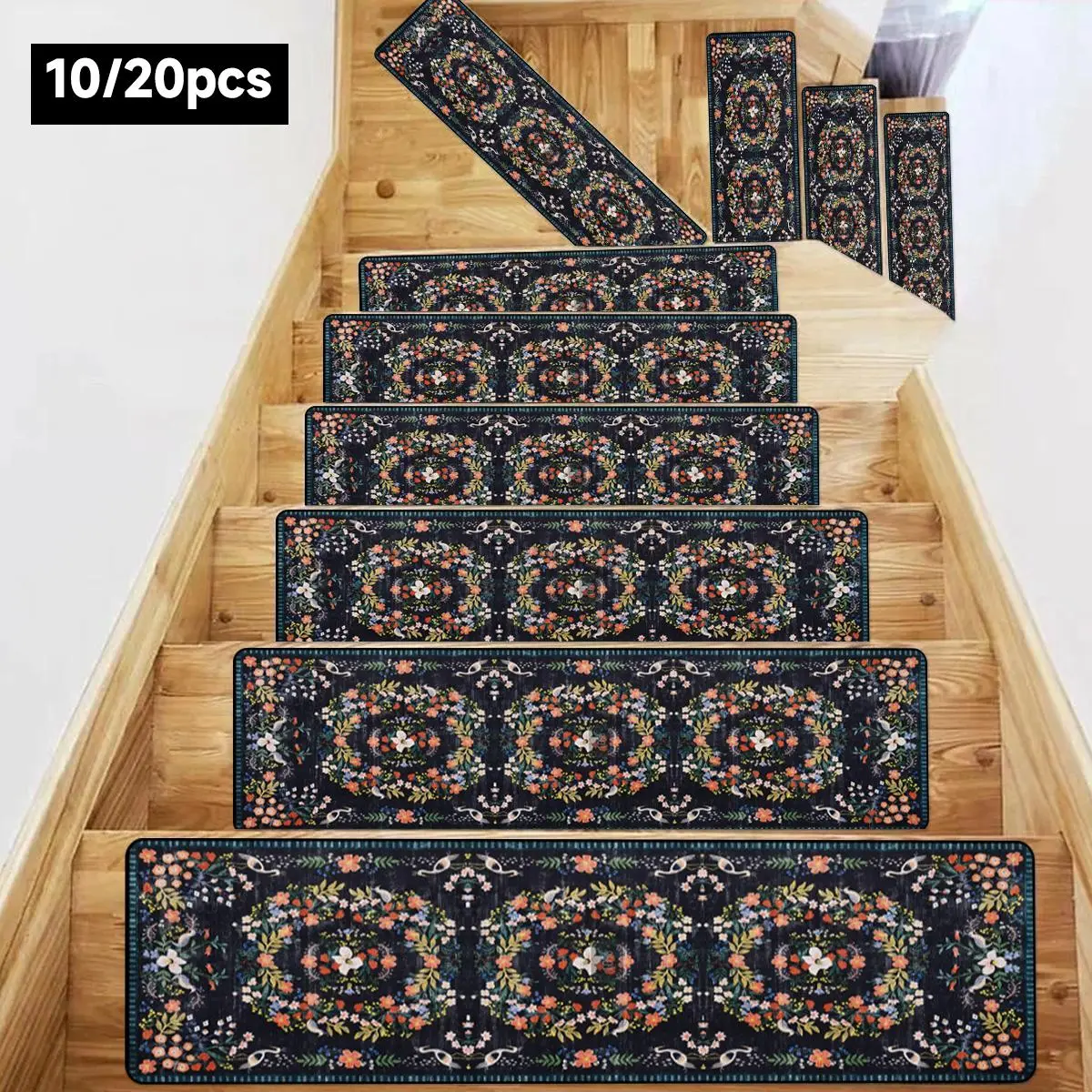 Vintage Floral Pattern Stair Mat, 10pcs/set Non-slip Stair Carpet, Reusable Stair Treads, Decorative Carpet for Home Living Room Bedroom