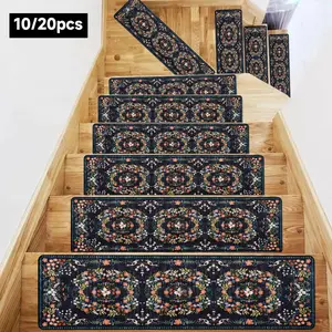 Vintage Floral Pattern Stair Mat, 10pcs/set Non-slip Stair Carpet, Reusable Stair Treads, Decorative Carpet for Home Living Room Bedroom