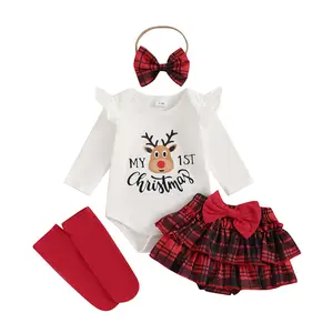 Baby Girl Christmas Outfits Santa Baby Romper Plaid Ruffle Shorts Set Headband Socks 4Pcs Newborn Xmas Clothes