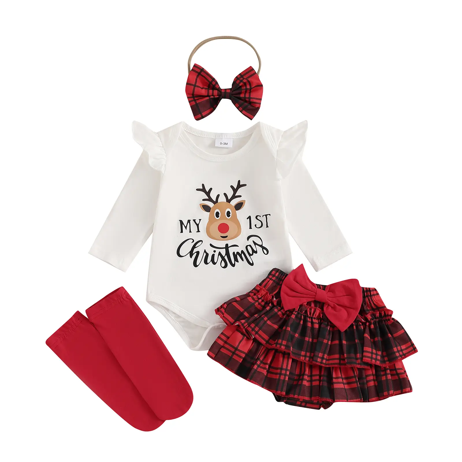 Baby Girl Christmas Clothes Outfit,Newborn Infant Girl Letter Print Ruffle Long Sleeve Romper +Plaid Layered Ruffle Shorts +Bow Headband +Leg Warmers